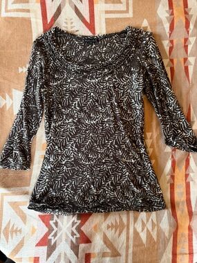 Brown Abstract Print Draped Neck Shirt Soft Knit Top Boho